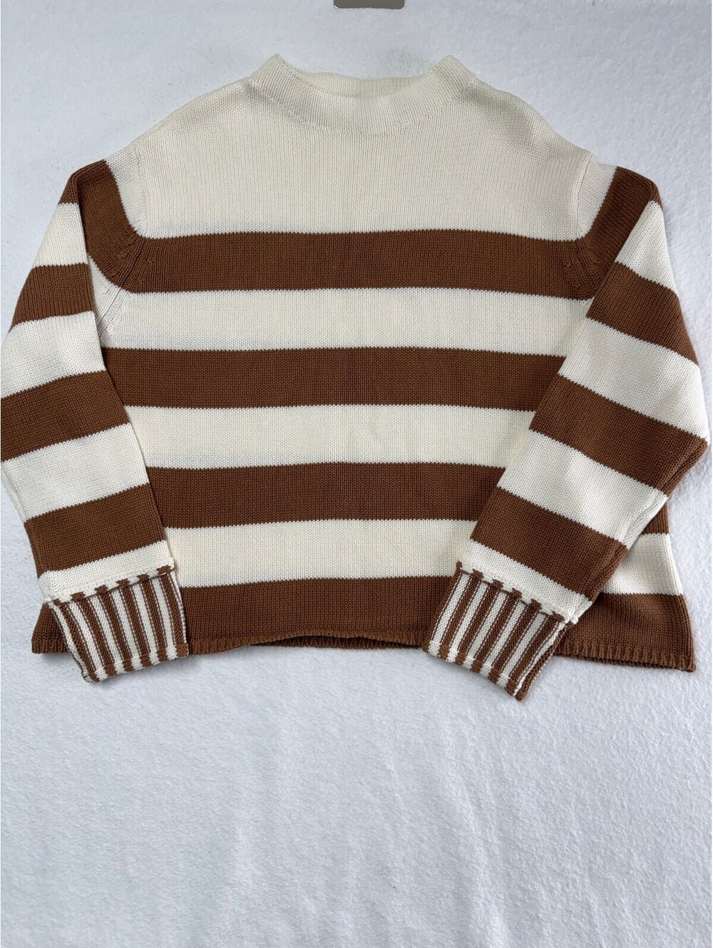Zenana Medium Brown and White Striped Cotton Sweater